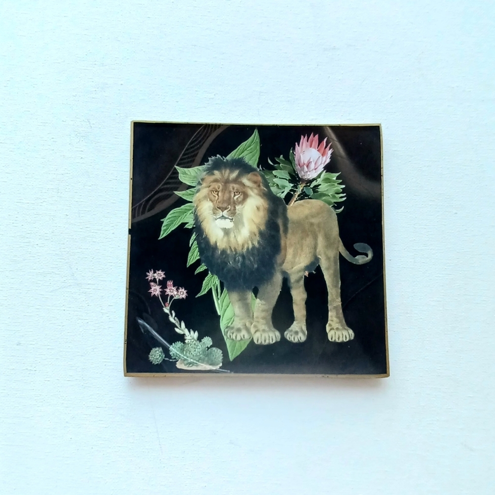 Vintage Elegant Black and Brown Floral Lion Leo Trinket Jewelry Tray